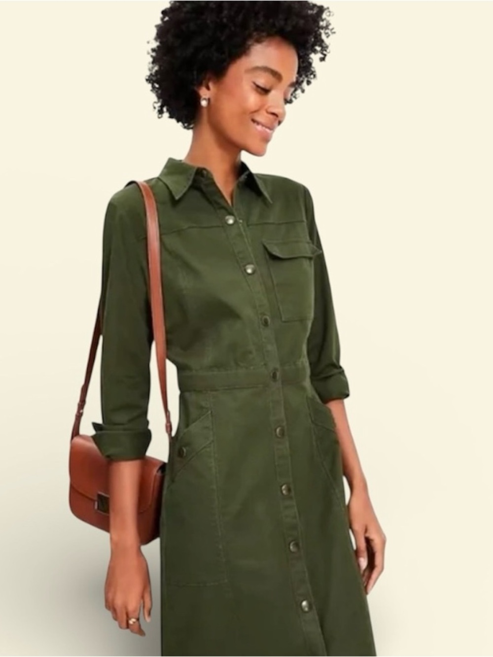 LOFT Olive Twill Midi Pocket Shirtdress 12P